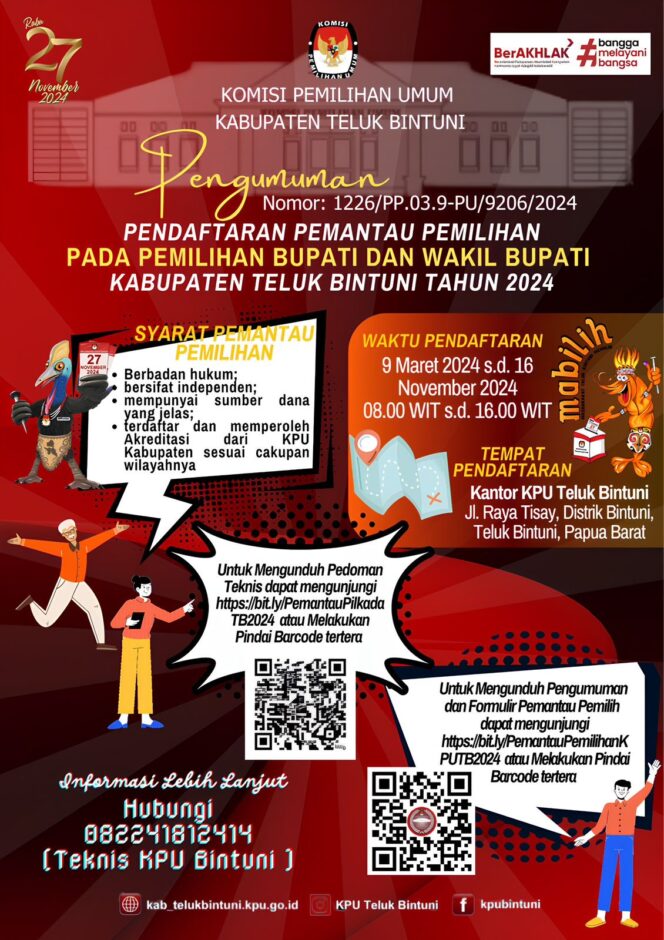 
 PENDAFTARAN PEMANTAU PILKADA TELUK BINTUNI 2024, DIBUKA