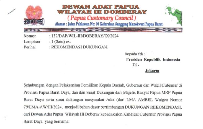 
 Surat rekomendasi DAP  Wilayah III Doberay kepada Presiden RI.